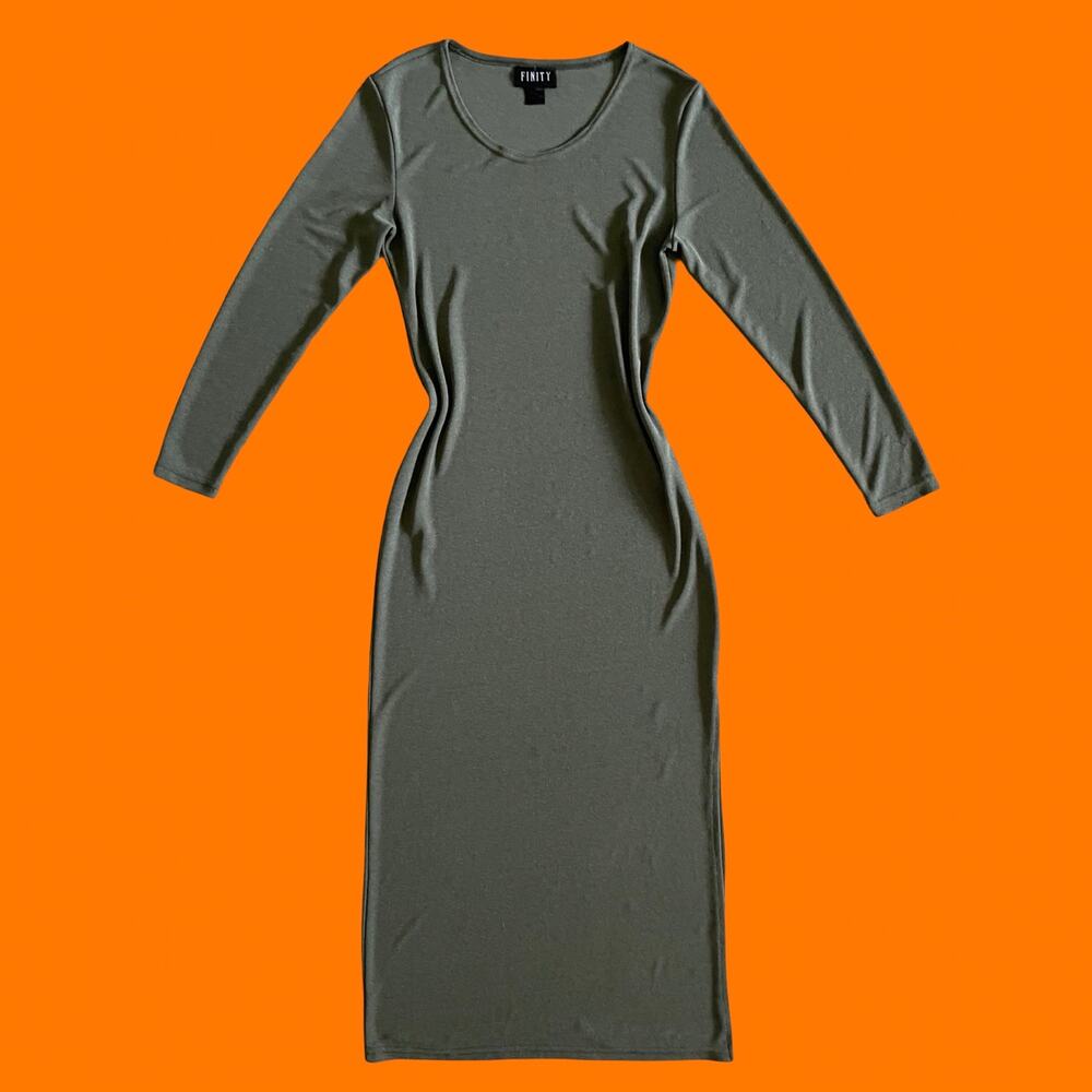 90's vintage green slinky long sleeve high slit bodycon maxi dress LARGE finite